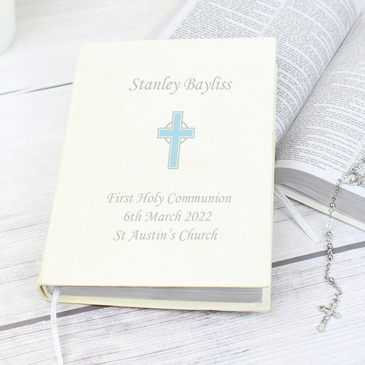 Personalised First Holy Communion Blue Cross Holy Bible Eco Friendly