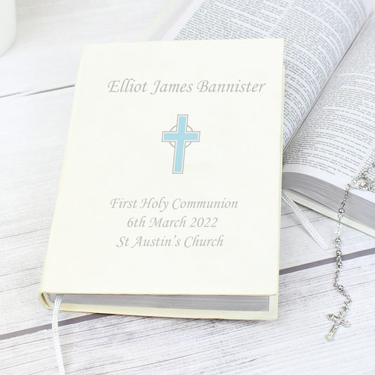 Personalised First Holy Communion Blue Cross Holy Bible Eco Friendly