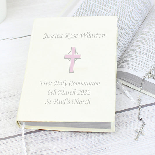 Personalised First Holy Communion Pink Cross Holy Bible Eco Friendly