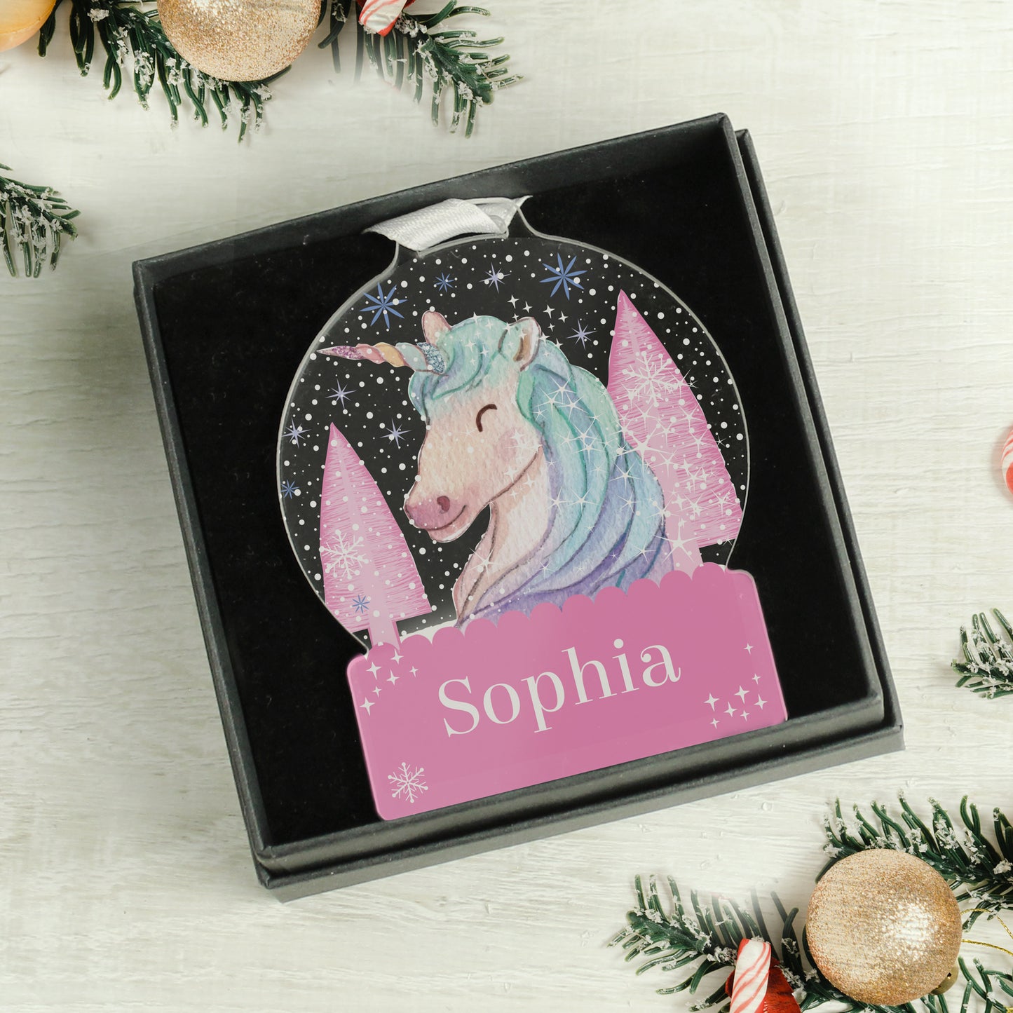Personalised Unicorn Christmas Acrylic Snowglobe - Gift Boxed