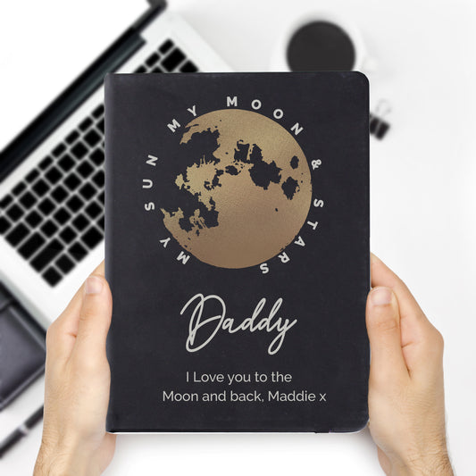 Personalised Moon And Stars Black Hardback Notebook Father's Day Gift