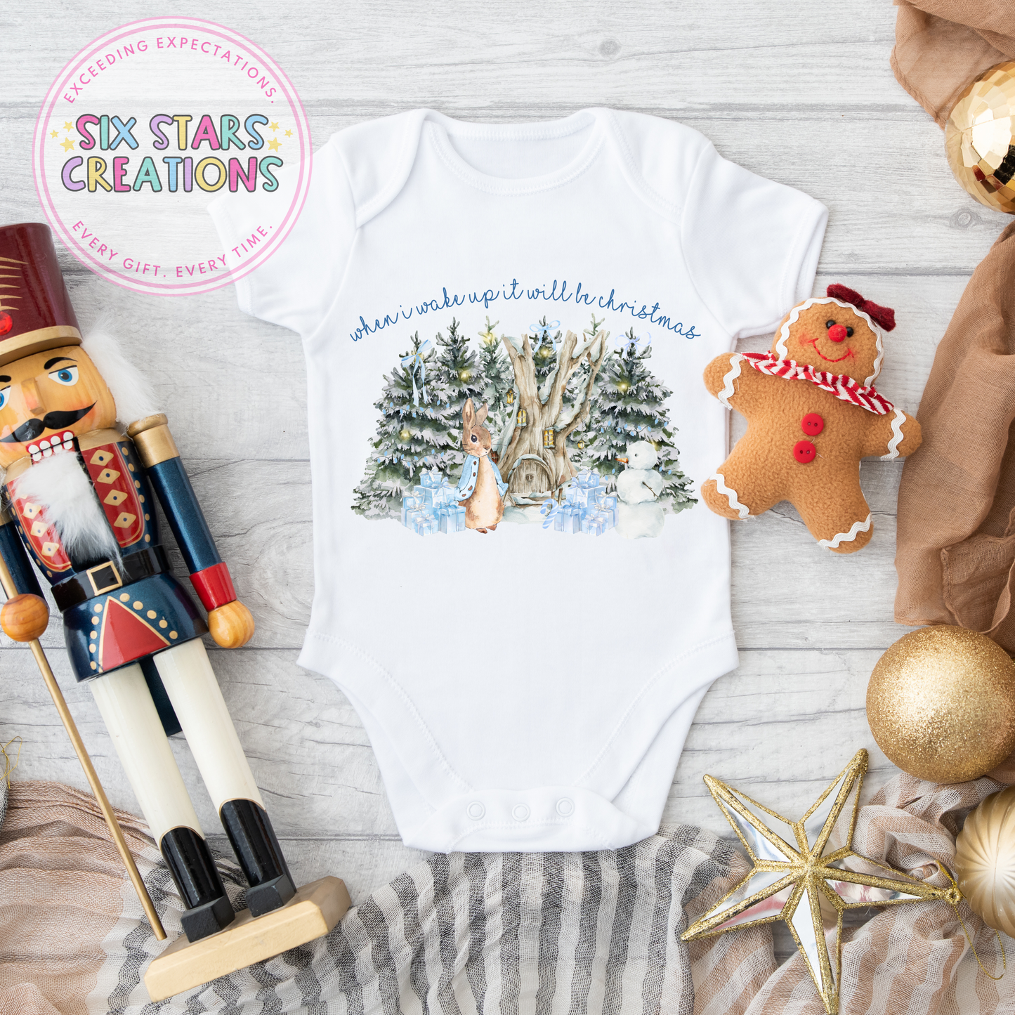 ‘When I Wake Up It Will Be Christmas’ Blue Bunny Design Baby Vest