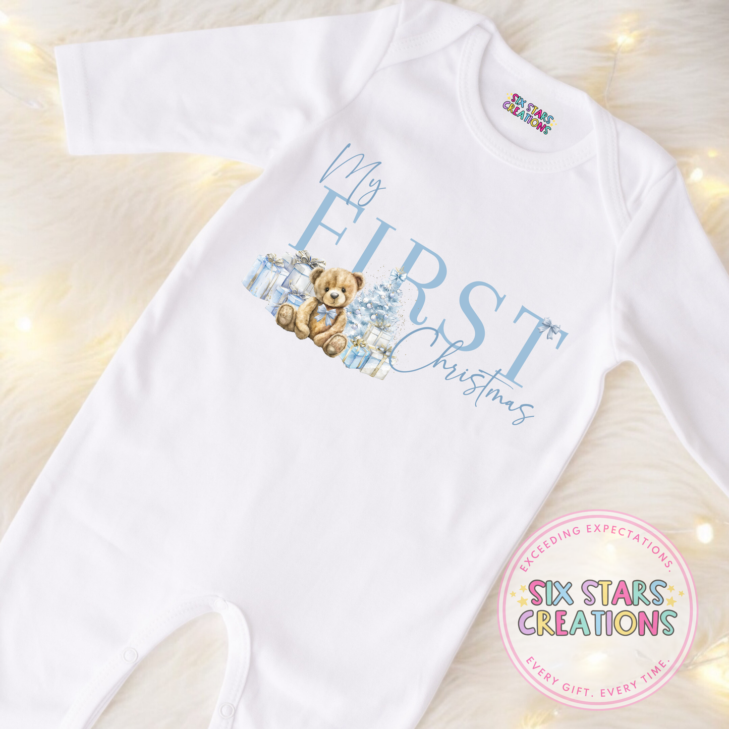 My First Christmas Blue Bear Sleepsuit