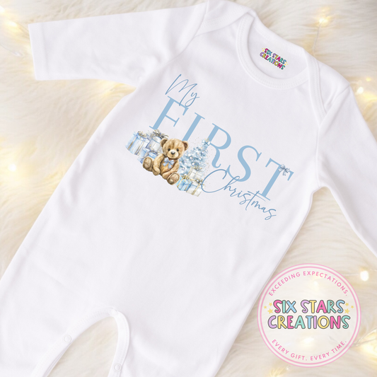 My First Christmas Blue Bear Sleepsuit