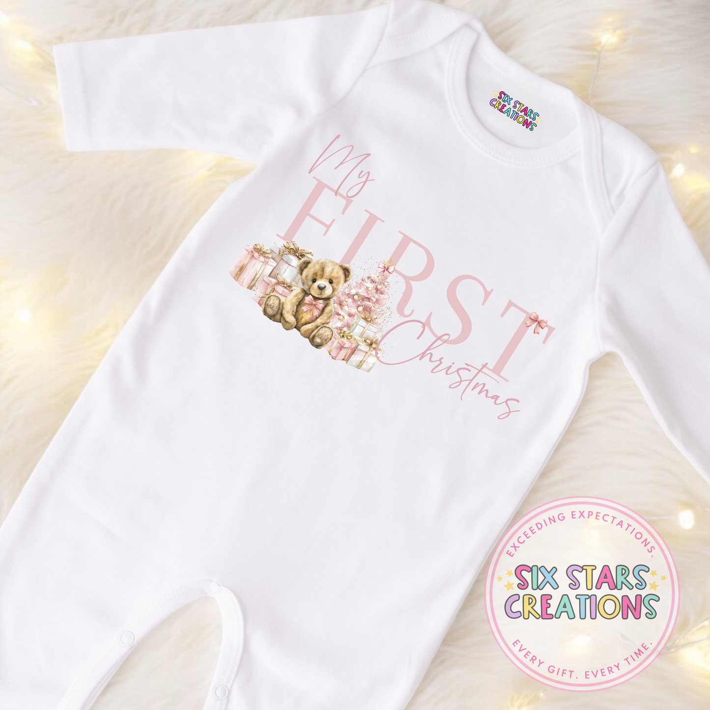 My First Christmas Pink Bear Sleepsuit