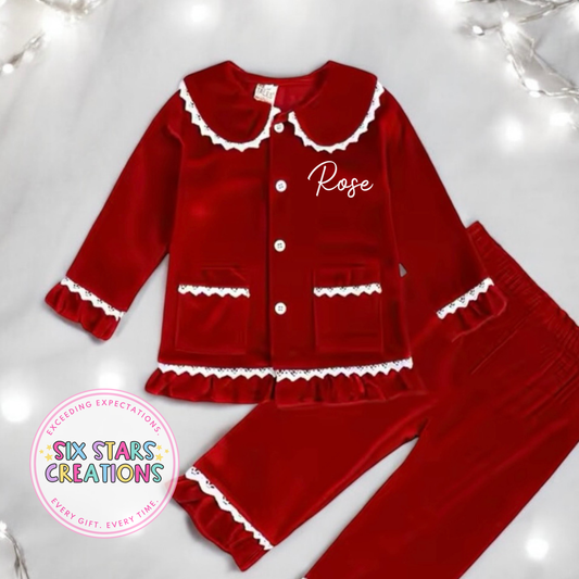 Girls Personalised Red Velvet Pyjamas with Lace Trim