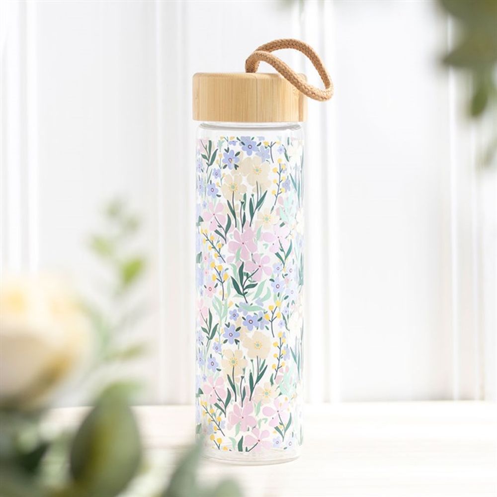 Ditsy Floral Print Glass and Bamboo Water Bottle